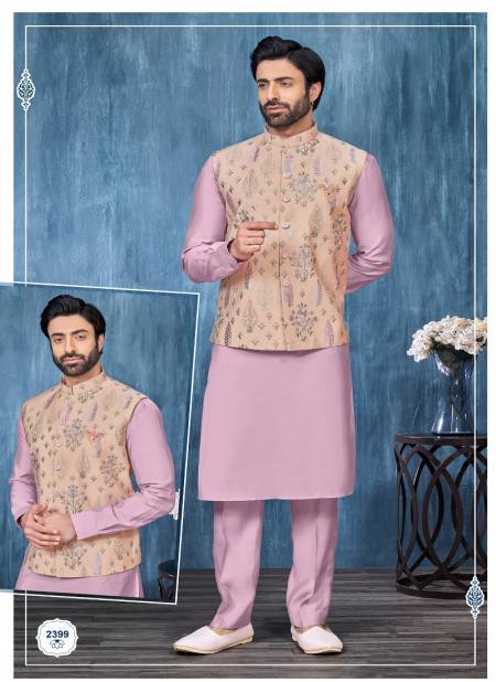 Beige Lavender Colour Wedding Wear Art Embroidered Banarasi Silk Mens Modi Jacket Kurta Pajama Wholesale Manufacturers 2399