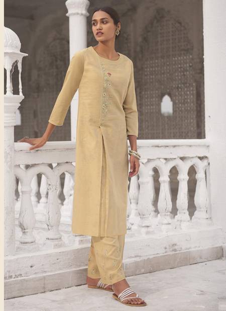 Beige Saanjh Omtex Linen Cotton party wear Designer Handwork Kurtis comes with palazzo Collection Single and Full Set available in wholesale price J51 Catalog