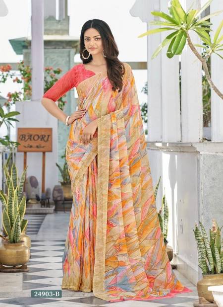 Beige Multi Colour Star Chiffon 122 By Ruchi Daily Wear Sarees Wholesale Price In Surat 24903-B
