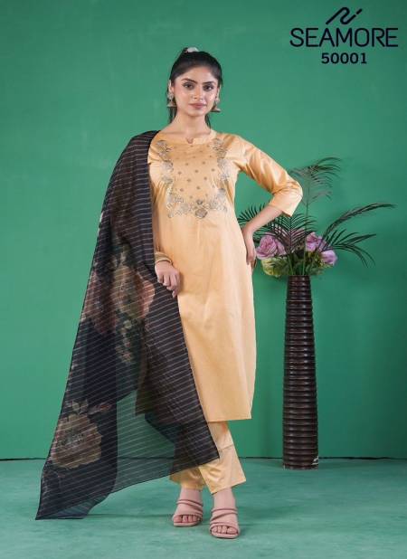 Beige Samyugi By Seamore Art Silk Kurti With Bottom Dupatta Supplier In India