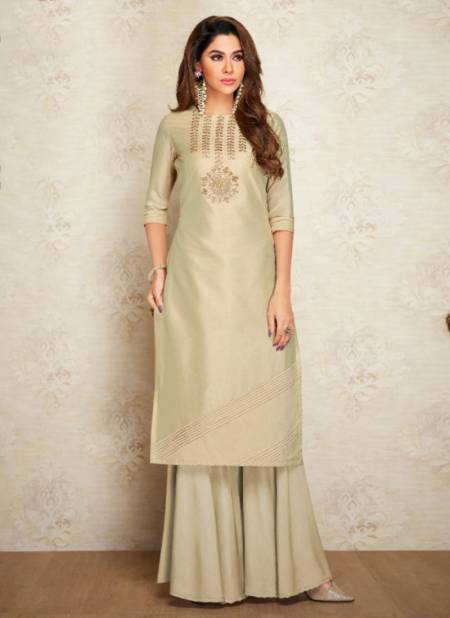 Beige Designer Viscose Silk New Party Wear Embroidery Work Kurtis With Palazzo 407 Catalog