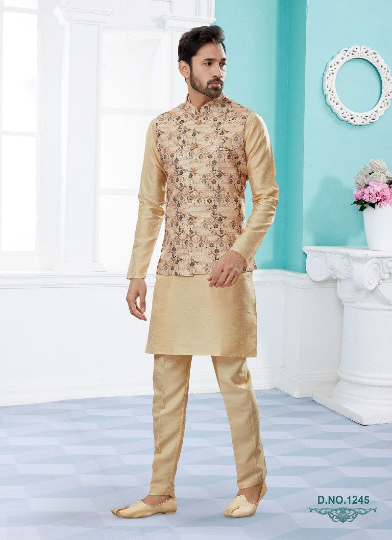 Beige Vol 15 Wedding Wear Mens Modi Jacket Kurta Pajama Surat Wholesale Market 1245