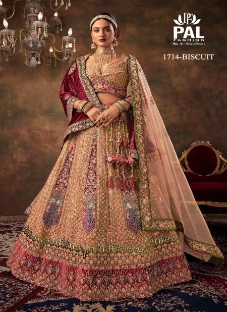 Biscuit Colour Pal Fashion Velvet Heavy Embroidery Hand Work Bridal Lehenga Choli Catalog 1714 A