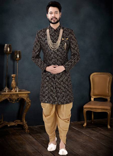 Black And Gold Party Wear Mens Wholesale Indo Western 1731