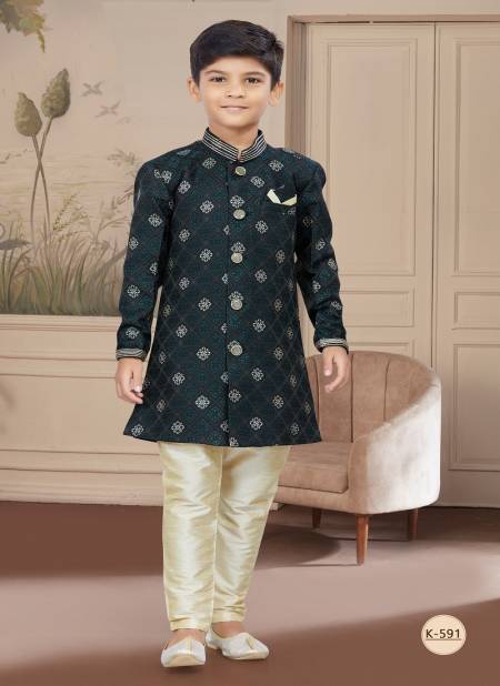 Black And Green Colour Kids Boys Wear Kurta Pajama And Indo Western Catalog K 591