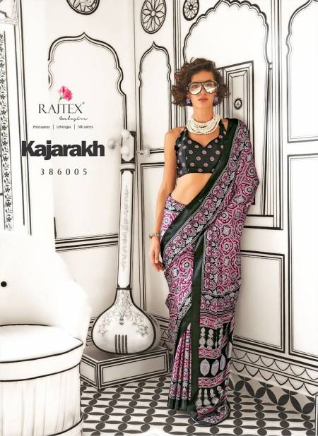 Black And Magenta Colour Kajarakh By Rajtex Printed Satin Crepe Best Sarees Wholesale Shop In Surat 386005