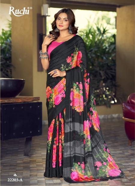 Black And Pink Colour Vartika Silk Black Special By Ruchi Satin Silk Designer Saree Catalog 22203 A