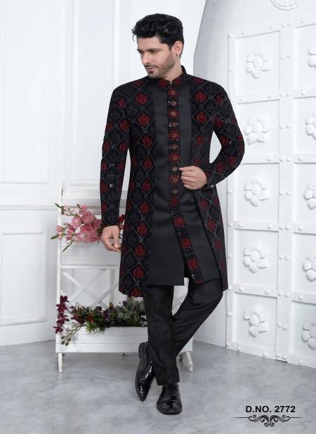 Black And Red Colour 1641 Party Wear Indo Western Mens Jacket Set Exporters In India 2772