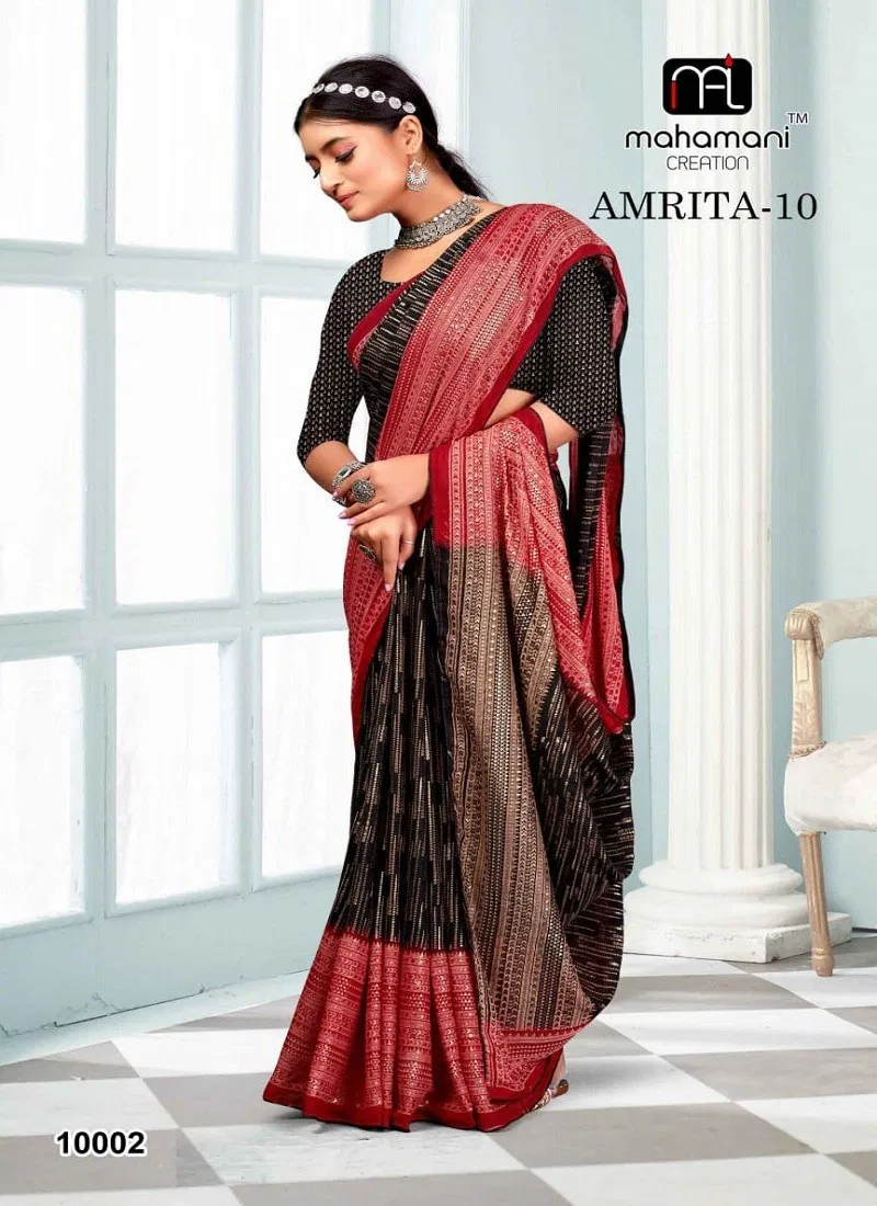 Black And Red Colour Amrita Vol 10 By Mahamani Creation Heavy Moss Foil Printed Sarees Wholesale Online 10002