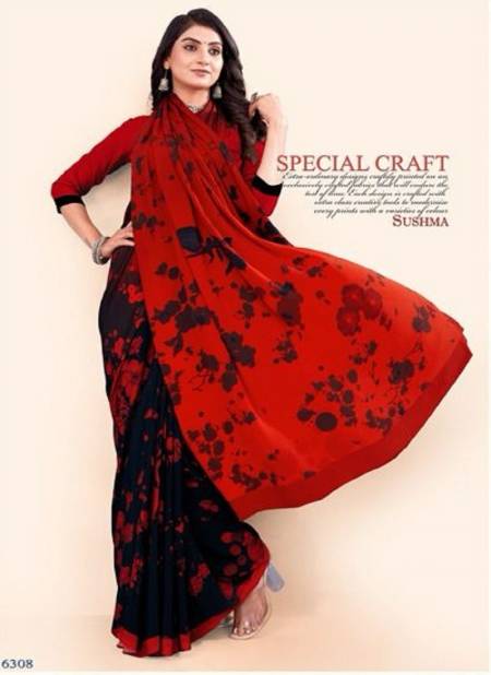 Black And Red Colour Modern Classy By Sushma Digital Printed Crape Saree Surat Wholesale Market 6308