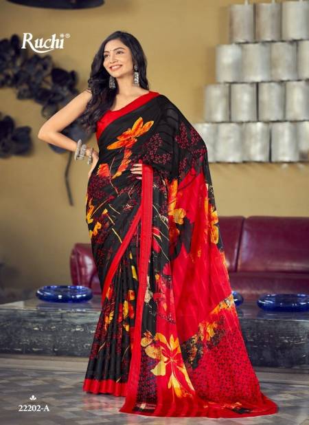 Black And Red Colour Vartika Silk Black Special By Ruchi Satin Silk Designer Saree Catalog 22202 A