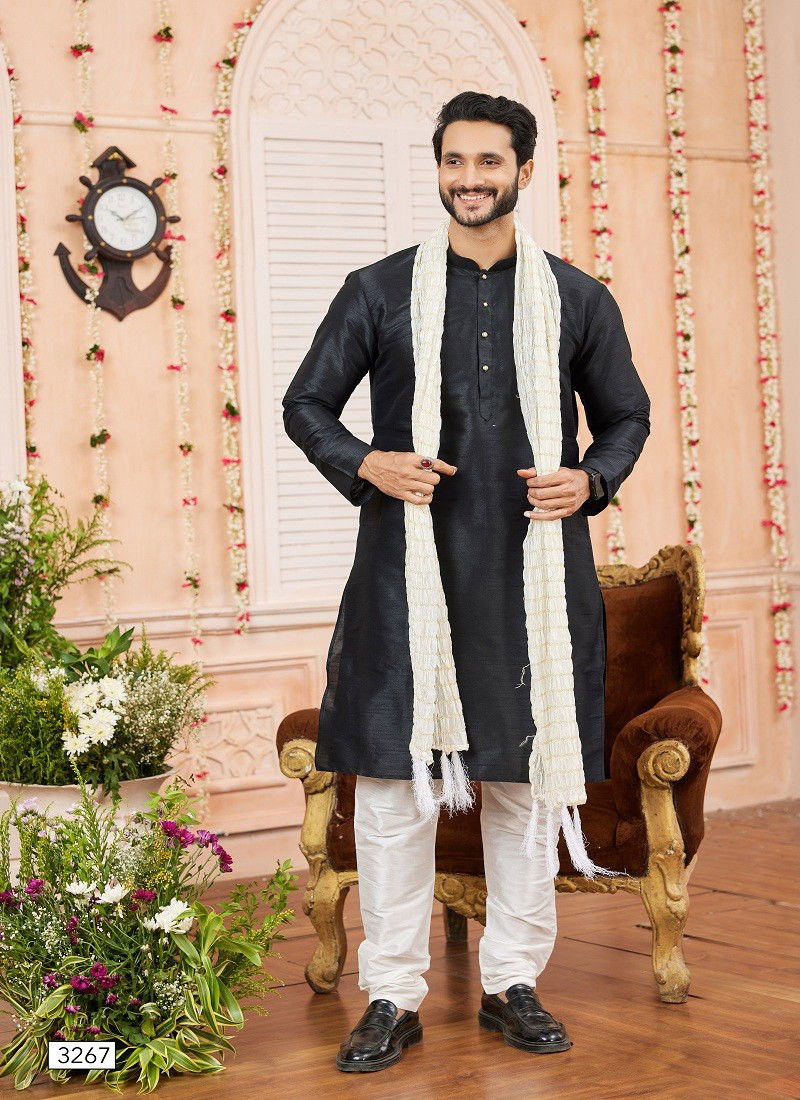 Black And White Colour 1644 Function Wear Art Silk Mens Kurta Pajama With Dupatta Orders In India 3267