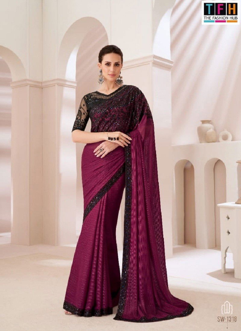 Black And Wine Colour Sandalwood Vol 13 By TFH Designer Party Wear Saree Suppliers SW-1318