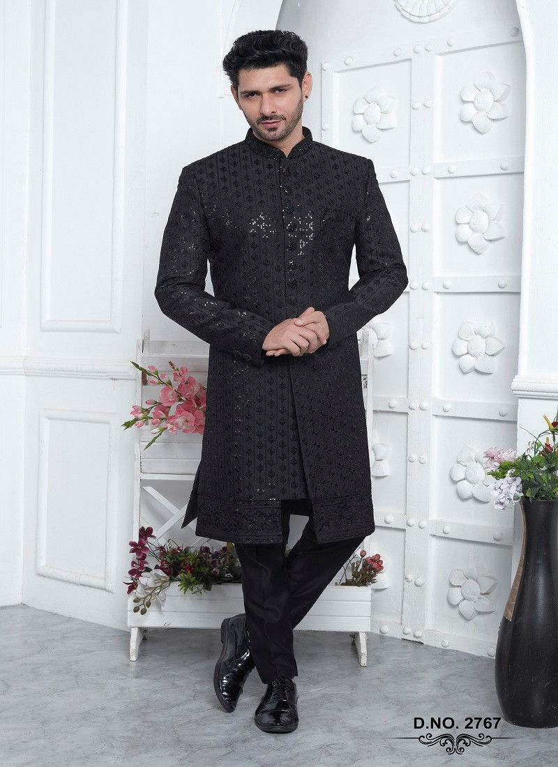 Black Colour 1641 Function Mens Wear Designer Sherwani Wholesale Shop In India 2767