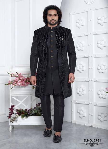 Black Colour 1641 Party Wear Indo Western Mens Jacket Set Exporters In India 2761