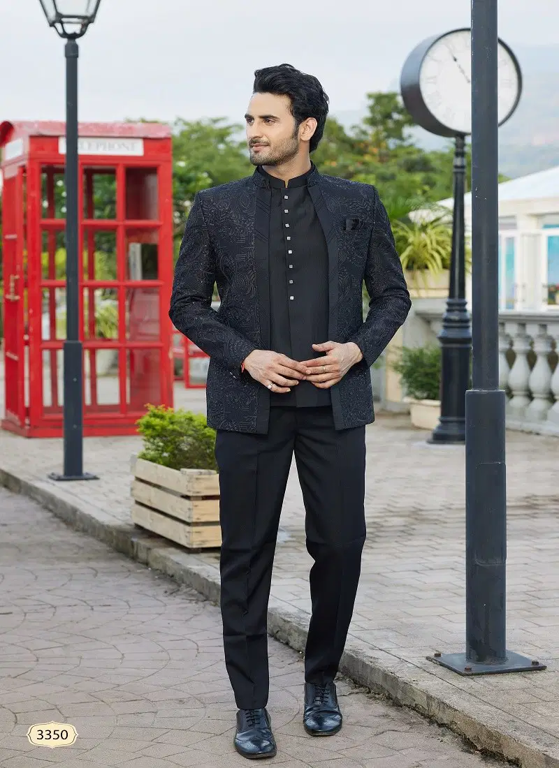 Black Colour 3345 To 3350 Party Wear Art Silk Mens Jodhpuri Suit Wholesale Market 3350