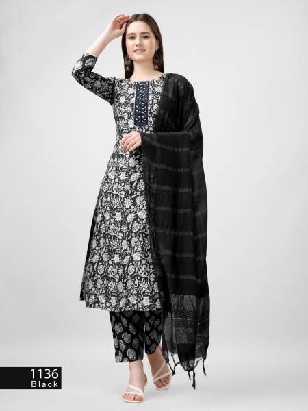 Black Colour Aaradhna 1136 Rayon Printed Embroidery Kurti With Bottom Dupatta Wholesale Price In Surat
