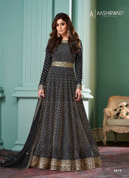 Black Colour Alizza Pro By Aashirwad Georgette Readymade Gown With Dupatta Wholesale Online 9970