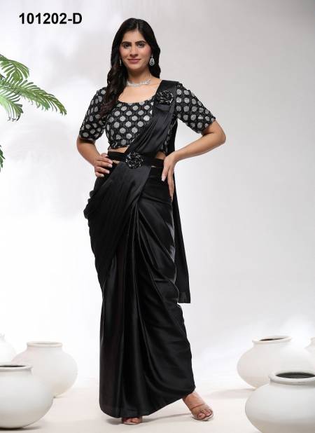 Black Colour Amoha 101202 A TO D Imported Satin Party Wear Readymade Sarees Exporters In India 101202-D