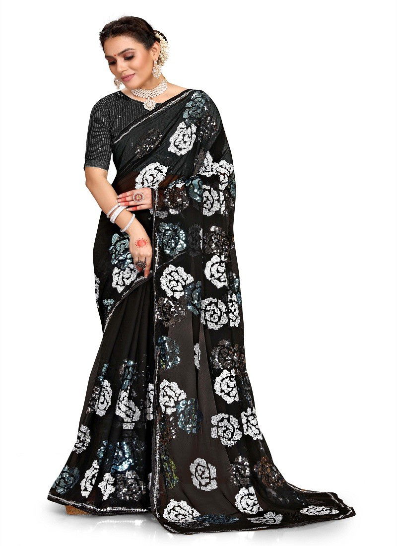 Black Colour Armani By Utsav Nari Georgette Embroidery Saree Orders In India 2363