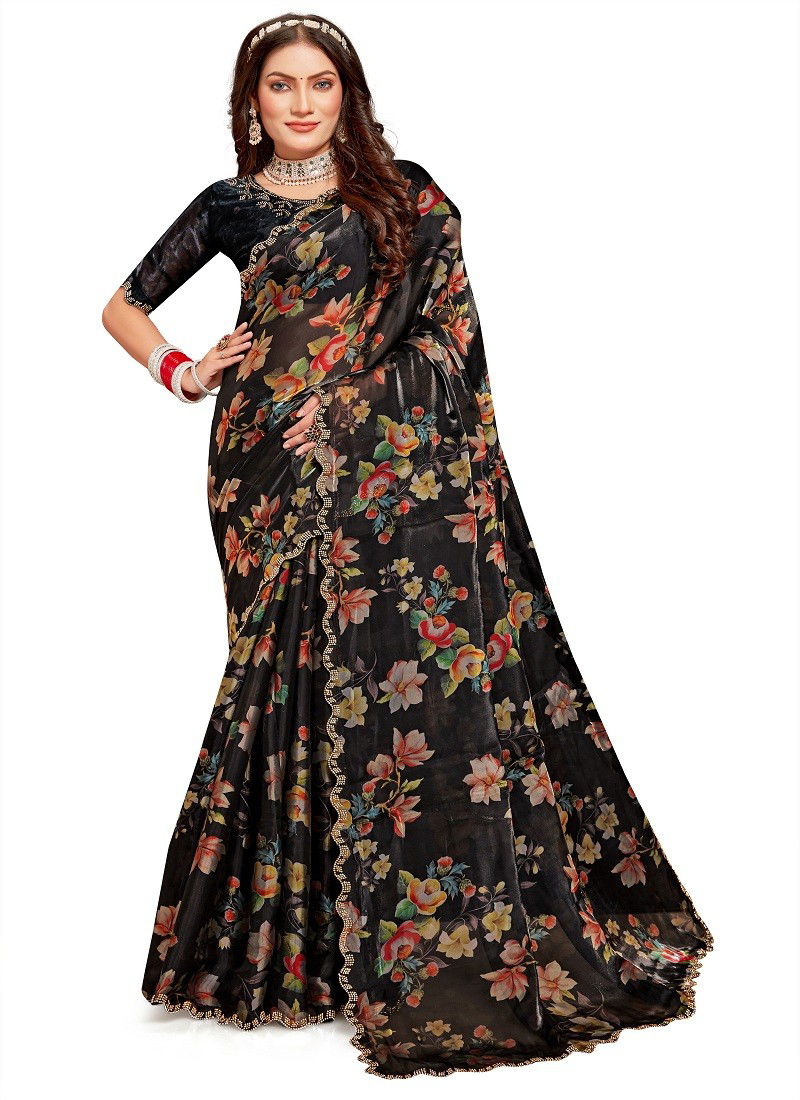 Black Colour Crystal Digital By Nari Fashion Floral Organza Silk Saree Wholesale Online 7791