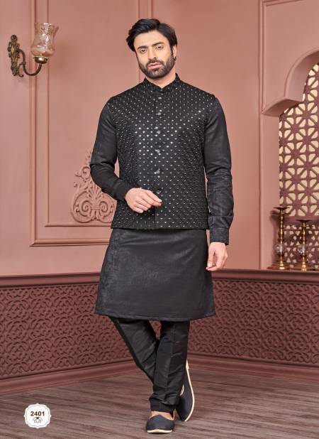 Black Colour Designer Party Wear Art Embroidered Banarasi Silk Mirror Mens Modi Jacket Kurta Pajama Wholesale Online 2401