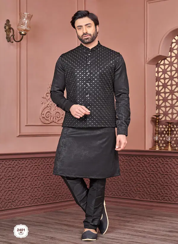 Designer Party Wear Art Embroidered Banarasi Silk Mens Modi Jacket Kurta Pajama Wholesale Online