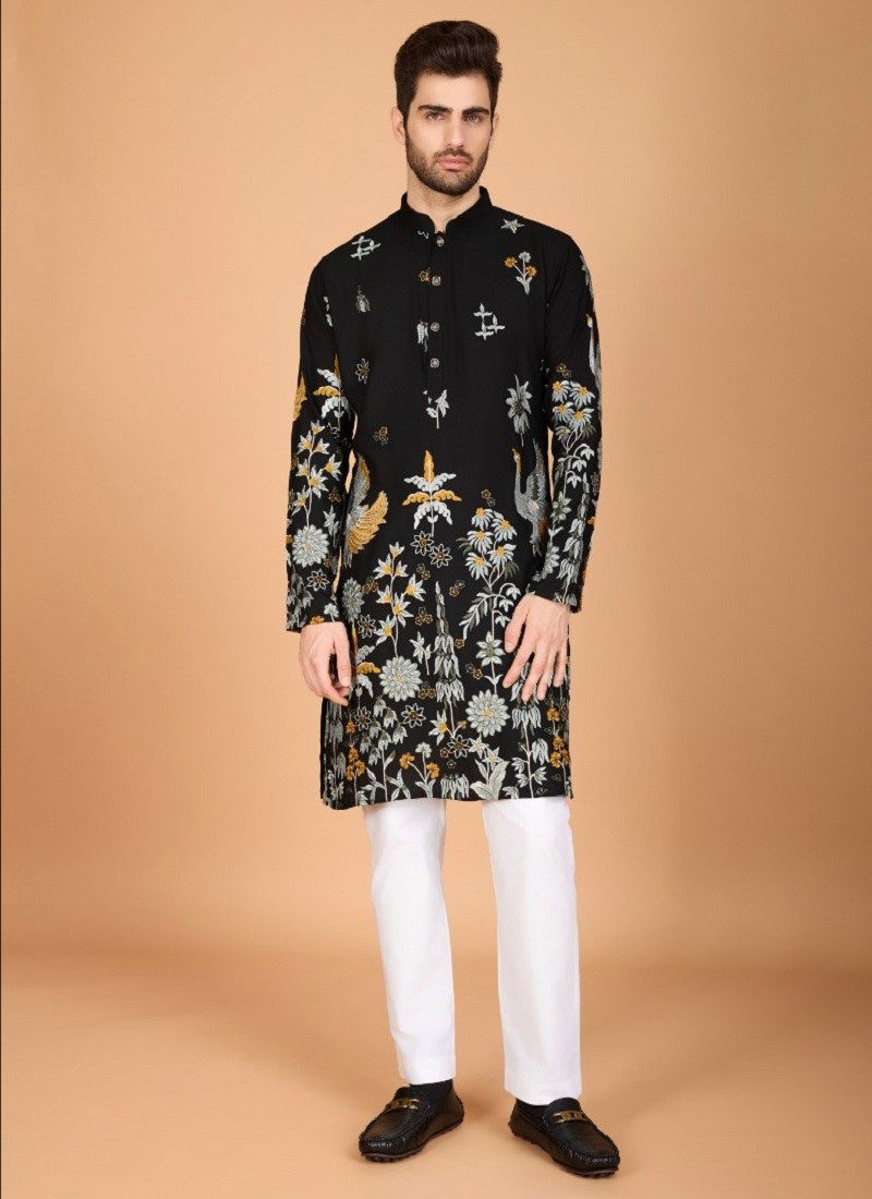 Black Colour Heritage Style By Shubhvastra Viscose Rayon Wedding Wear Mens Kurta Orders In India 61121