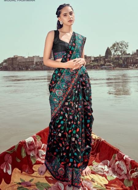 Black Colour Kani Pashmina Fancy Wear Wholesale Printed Sarees 70004