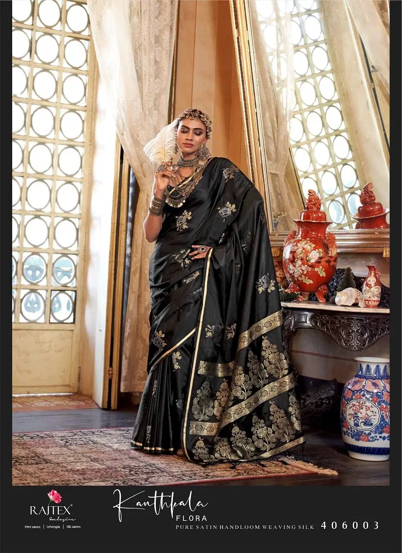 Black Colour Kanthkala Flora By Rajtex Satin Party Wear Saree Wholesale Price 406003