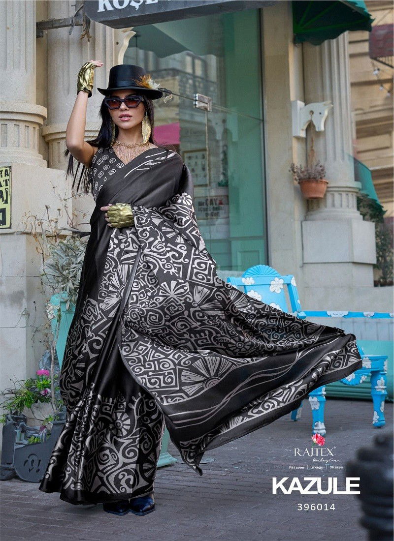 Black Colour Kazule By Rajtex Printed Satin Crepe Saree Orders In India 396014