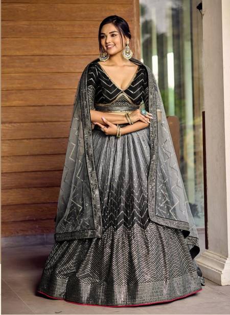 Black Colour Kimaya By Zeel Clothing Wedding Chinon Lehenga Choli Wholesale Shop In Surat 5057-Black