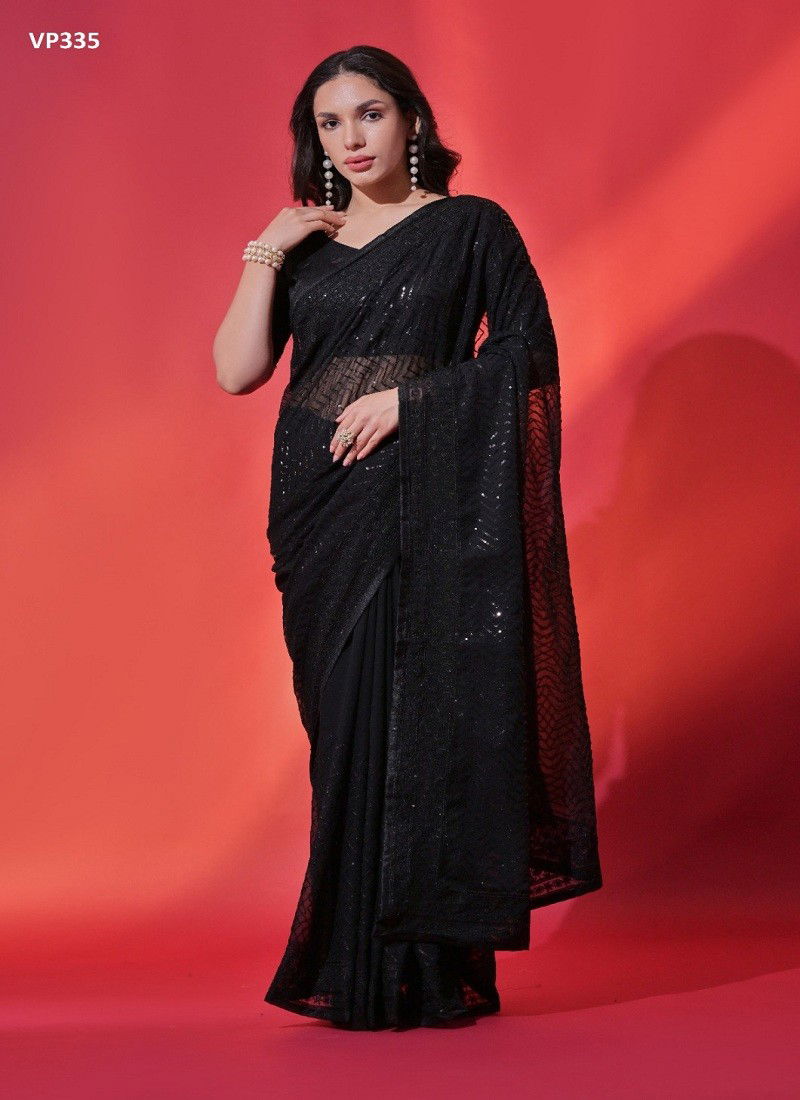 Black Colour Kora By Fashion Berry Georgette Embroidery Wholesale Saree Suppliers In Mumbai VP335