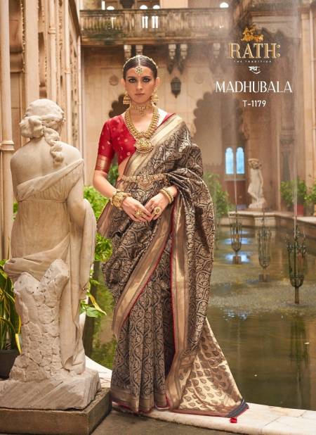 Black Colour Madhubala By Rath Silk Printed Wedding Saree Wholesale Shop In Surat T-1179