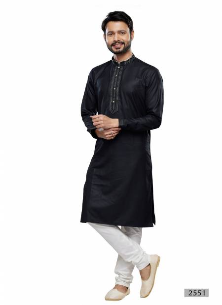 Black Colour Mens Wear Soft Plain Art Silk Kurta Pajama Wholesale Online 2551