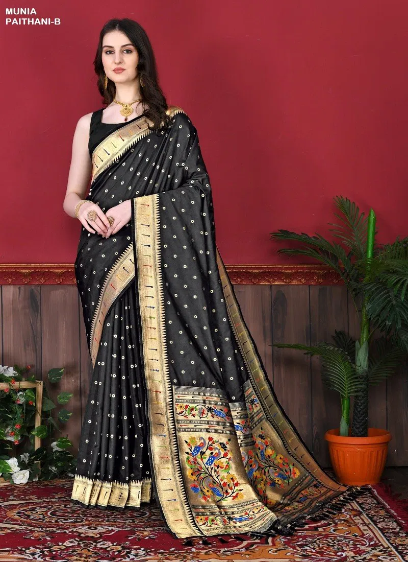 Black Colour Munia Paithani A To J by Murti Nx Printed Silk Surat Saree Wholesale Market Munia Paithani-B