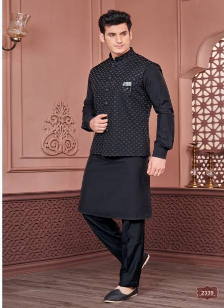 Black Colour Occasion Wear Art Banarasi Silk Mens Modi Jacket Kurta Pajama Wholesale Market In Surat 2339