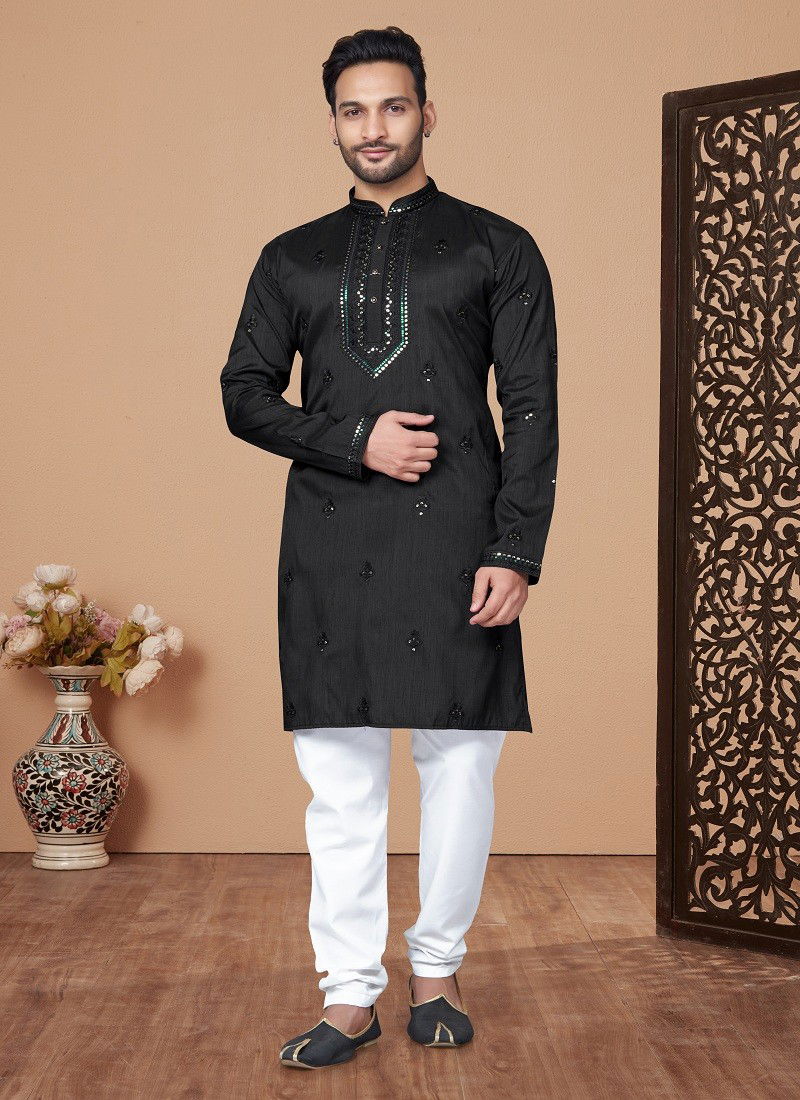 Black Colour Outluk Vol 131 Silk Embroidery Mens Wholesale Kurta Pajama Manufacturers 131011