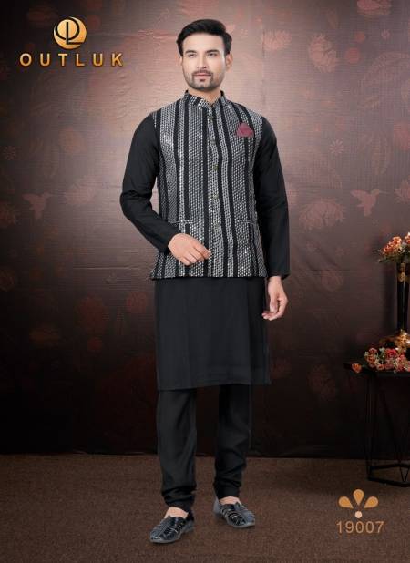 Black Colour Outluk Wedding Collection Vol 19 Pure Silk Mens Modi Jacket Kurta Pajama Wholesale Online 19007