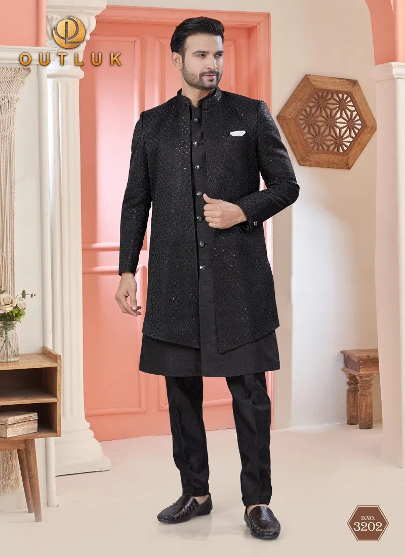 Black Colour Outluk Wedding Collection Vol 32 Party Wear Mens Indo Western Manufacturers 3202