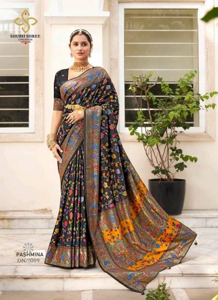 Black Colour Pashmina By Shubh Shree Velvet Tussar Silk Designer Saree Catalog 1009