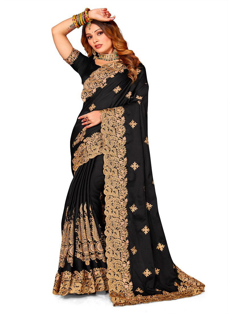 Black Colour Raagsutra By Nari Fashion Satin Embroidery Saree Wholesale Shop In Surat 6921