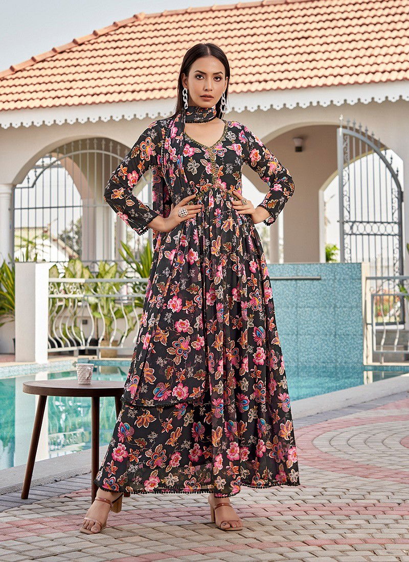 Black Colour SS 161 Flower Printed Georgette Kurti With Dupatta Suppliers In India DR103