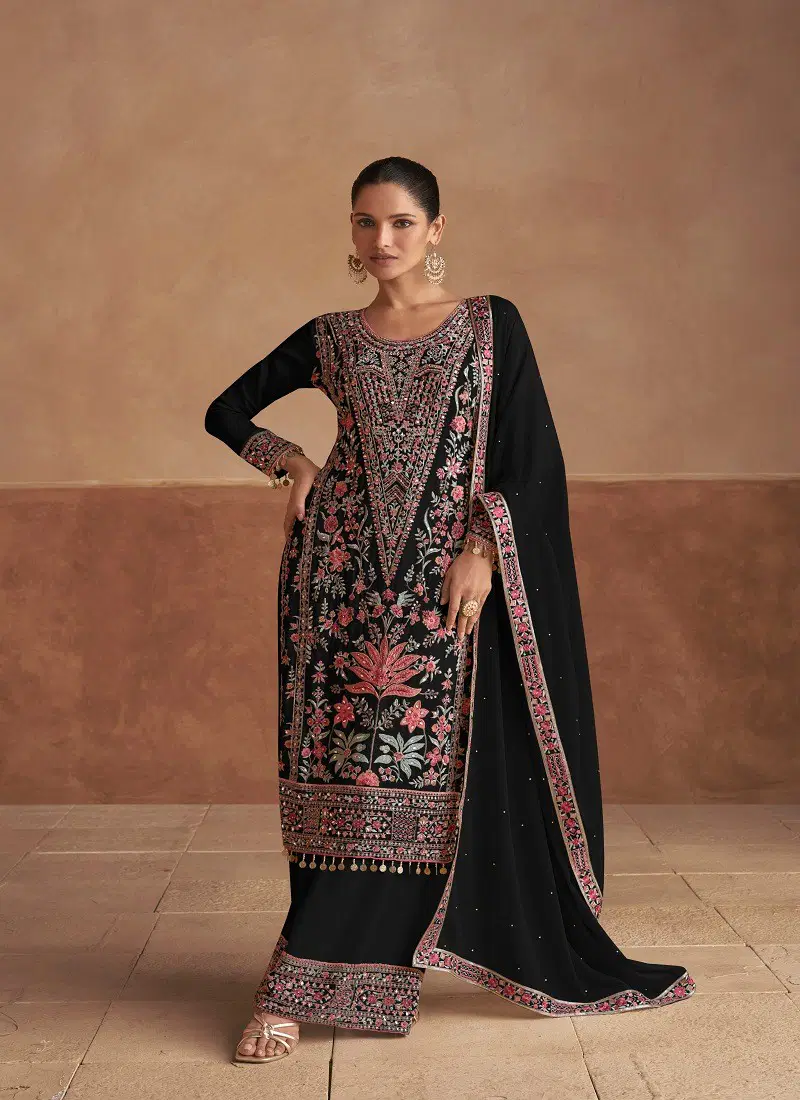 Black Colour Sajda By Gulkayra Chinon Designer Salwar Kameez Suppliers In India 7474-B