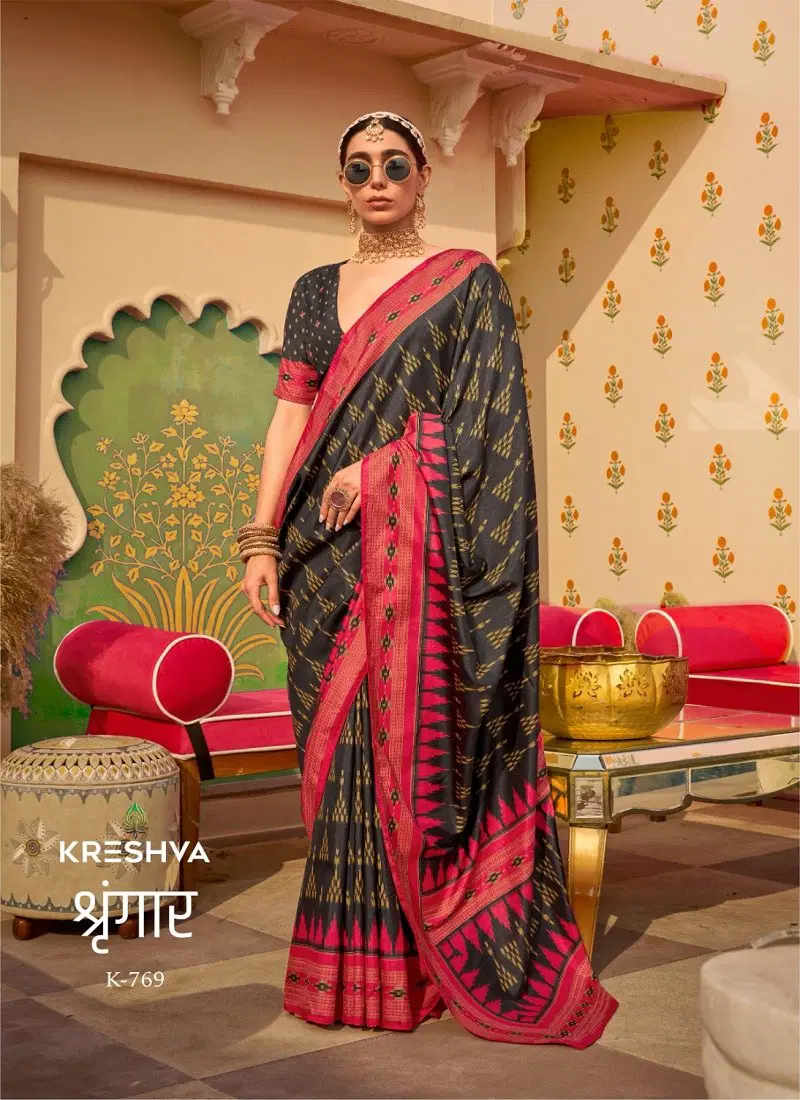 Black Colour Shringaar By Kreshva Mercerized Sigma Silk Daily wear Saree Orders In India K 769