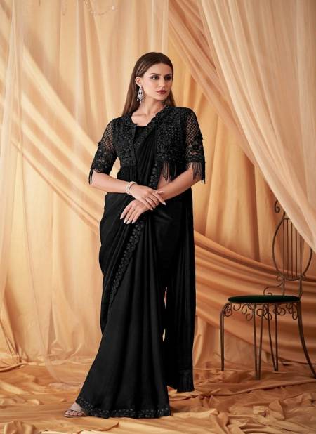 Black Colour Sparkle 7612 Hit By TFH Desginer Sartin Georgette Designer Party Wear Jacket With Saree Wholesale In Delhi 7612E