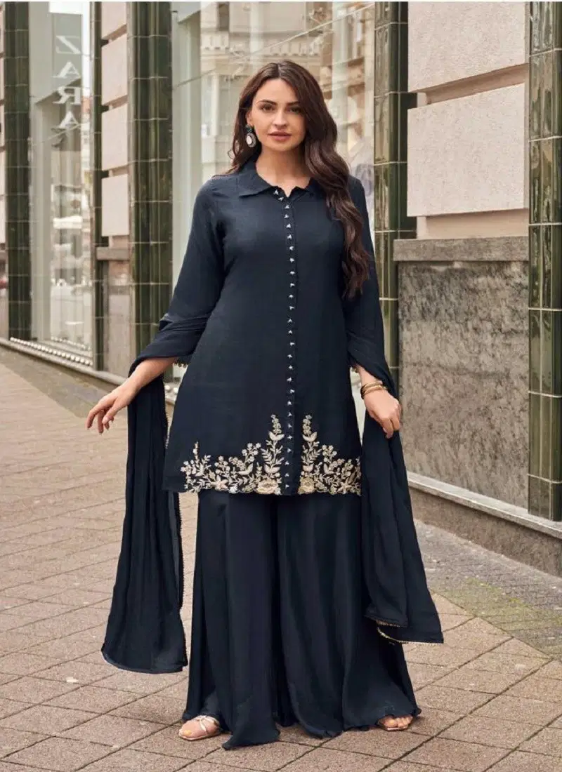 Black Colour Taraa By Sayuri Viscose Jacquard Silk Sharara Readymade Suit Wholesalers In Delhi 5632