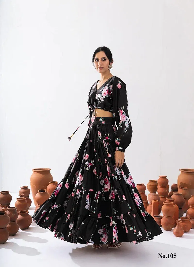 Black Colour Vallari Vol 1 By Lucaya Chinon Printed Indo Western Wedding Lehenga Choli Wholesale Online 105