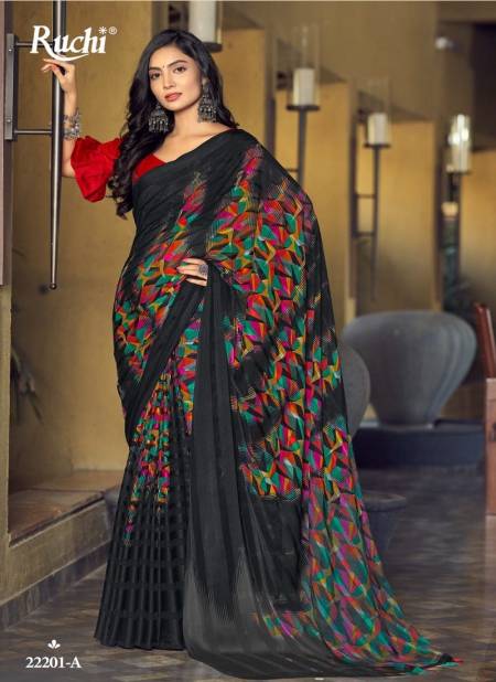 Black Colour Vartika Silk Black Special By Ruchi Satin Silk Designer Saree Catalog 22201 A