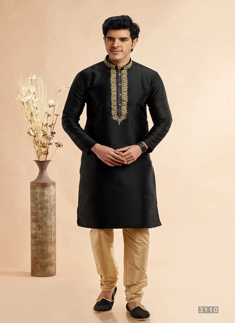 Black Colour Vol 94 Function Wear Jaquard Art Silk Mens Kurta Pajama Orders In India 3110